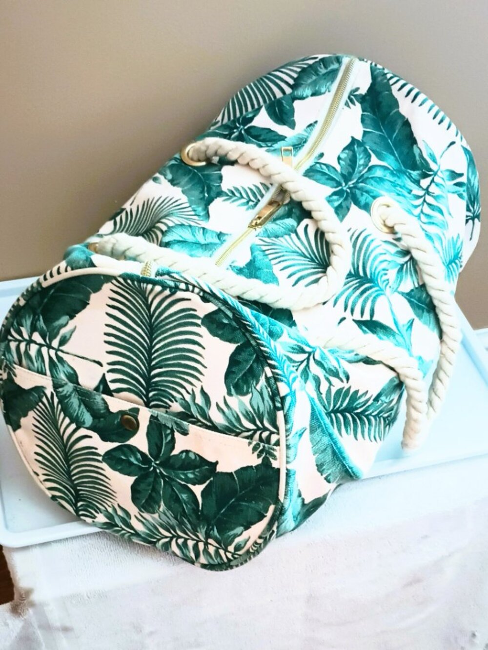 Pottery Barn Emily & Meritt Palms Rope Pink & Green Duffle Bag Travel Tote